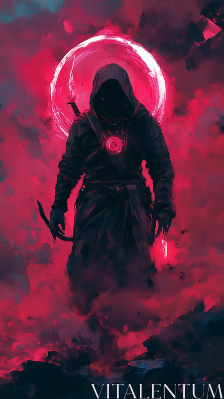 Hooded figure with circular halo in red misted environment.