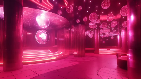 Neon pink futuristic nightclub interior with glowing orbs.
