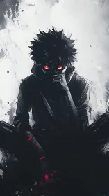 Shadowed figure with glowing red eyes rests in swirling mist