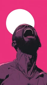 Powerful shout reaches sky under bold white sun circle