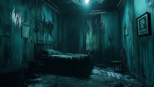 Moonlit mildew bedroom where shadows rot the wallpaper.