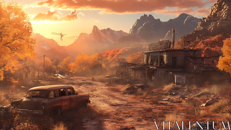 Sunset drifter glides above rusted motels and ember woods.