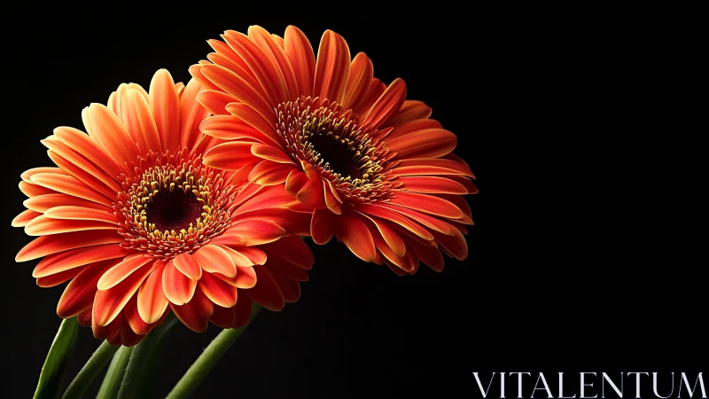 Red Gerbera Daisies Against Black Background.