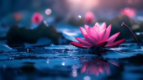 Soft pink lotus glows gently across a dreamy blue pond