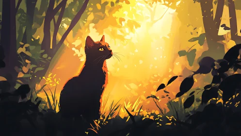 Curious black cat basking in a golden sunlit forest.
