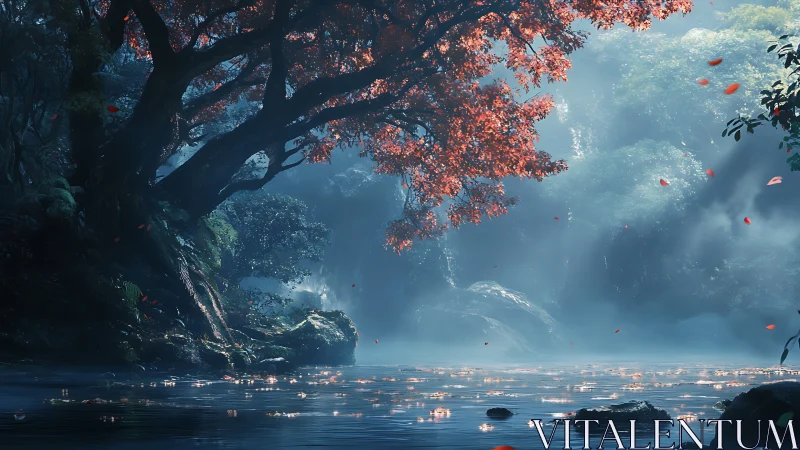 Radiant red canopy above misted riverine forest basin.