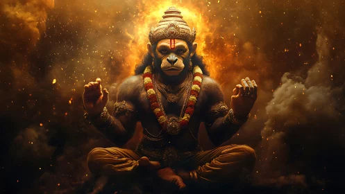 Divine simian yogi sits in fiery cosmic meditation glow.