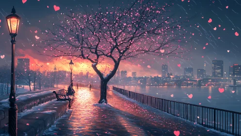 Digital rendering depicting urban waterfront with luminescent heart particle effects and composite l