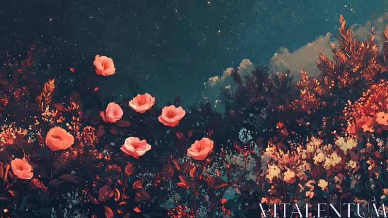 Nocturnal Garden Ablaze: Coral Roses Pierce Twilight's Teal Veil.