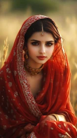 Golden hour portrait in shimmering red bridal drape.