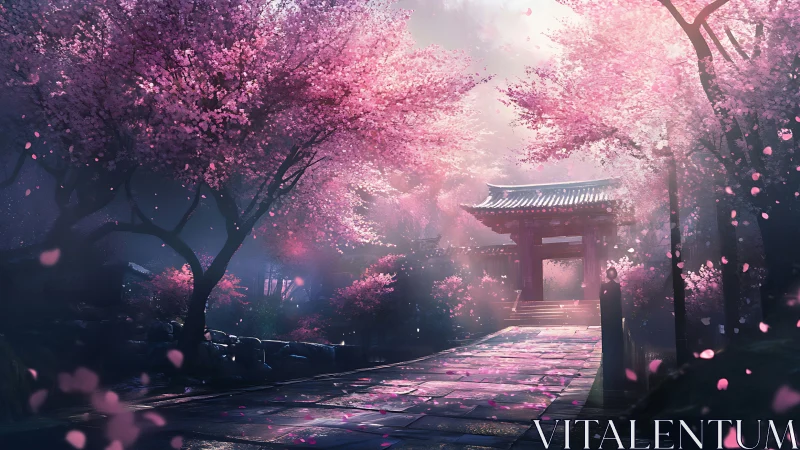 Gentle spring walkway glows beneath blooming cherry trees