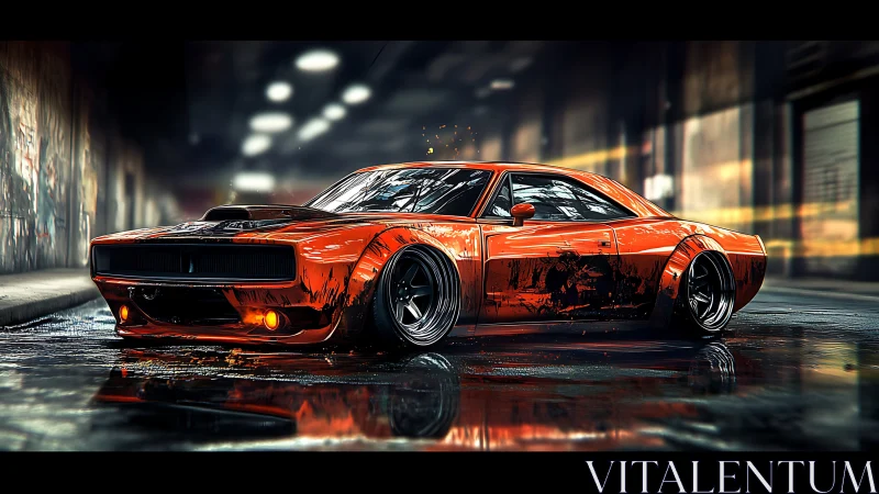 Street-forged muscle car ignites neon-soaked urban night.