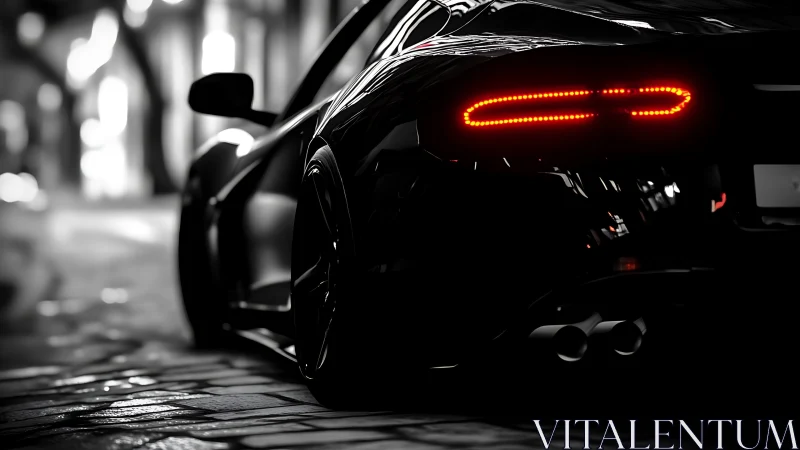 Rear view of black sports car on wet cobblestone street.