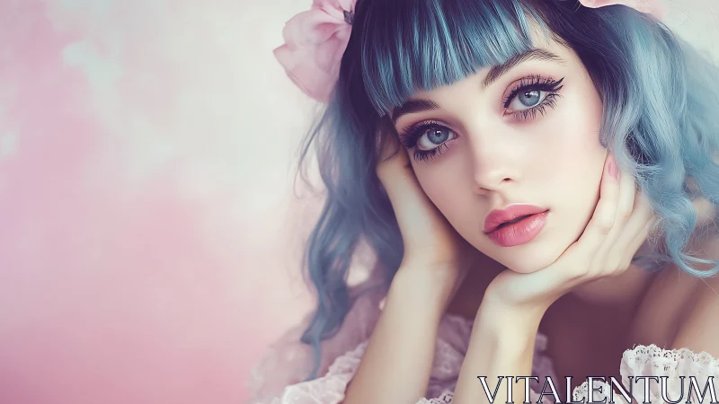 Pastel-toned digital portrait of blue-haired doll-like girl.