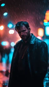 Noir street portrait under neon-saturated nocturnal rainfall.