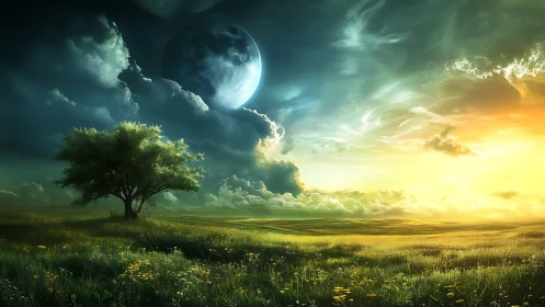 Lone tree stands in glowing meadow under oversized moon
