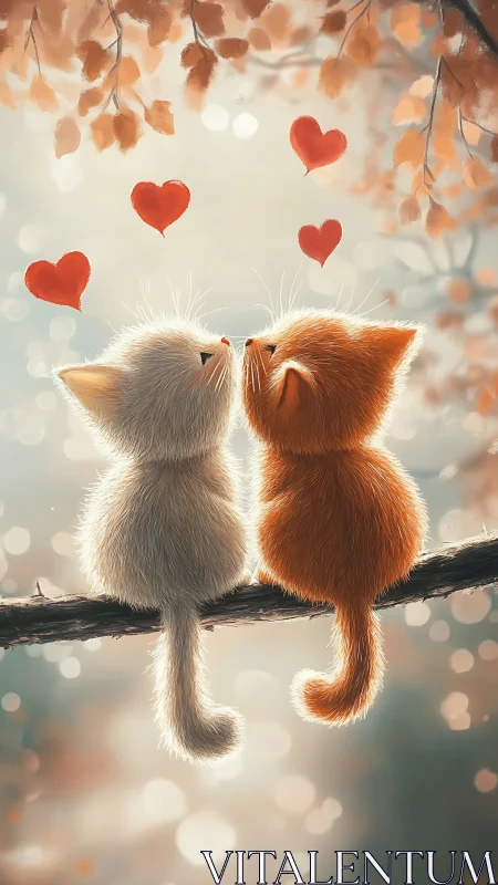 Two Kittens in Love on Autumn Branch.