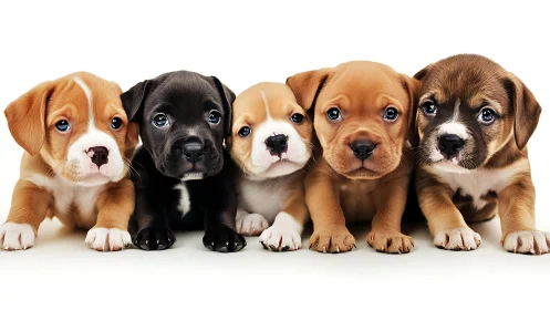 Symmetrical lineup of five short-coated puppies under soft studio lighting