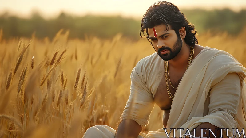 Warrior-seeming man sits in golden wheat field at dusk.
