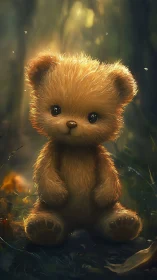 Golden forest teddy bear portrait in soft rim lighting.