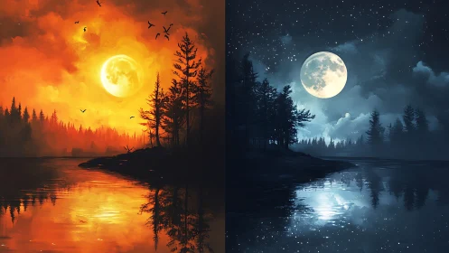 Digital painting diptych of lunar forest lake reflections.