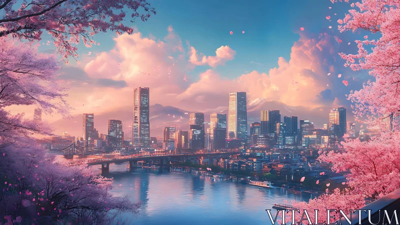 Cherry blossom framed river city skyline at sunset.