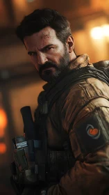 Grizzled space-operator narrows his gaze through ember light