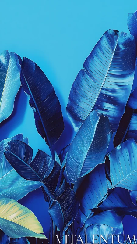 Blue-toned banana leaves on flat monochrome background.