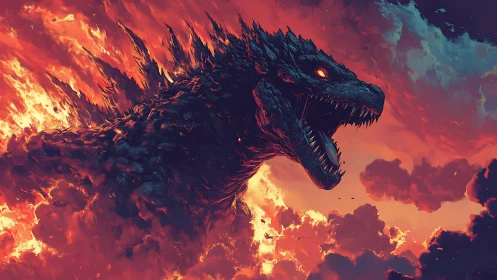Titanic fire dragon roars across burning storm sky