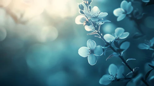 Delicate blossoms glowing against deep teal bokeh.