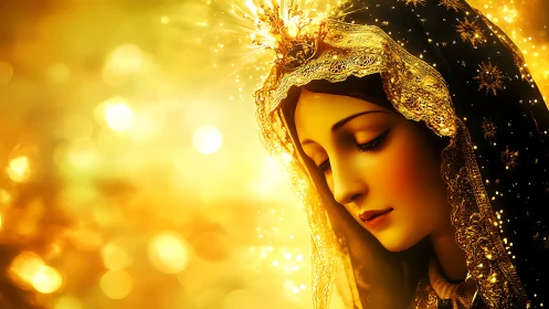 Luminous digital iconography of veiled woman in aureate bokeh.