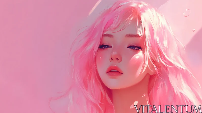 Soft pink-haired portrait under gentle pastel light.