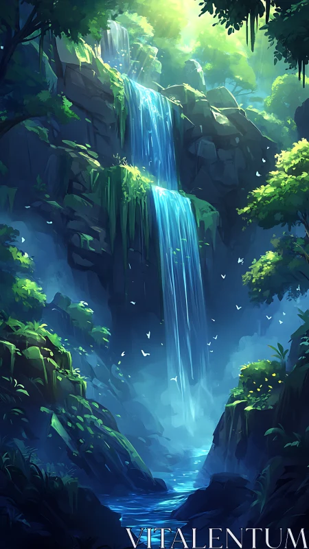 Enchanted Waterfall Cascades Through Luminous Forest Canyon