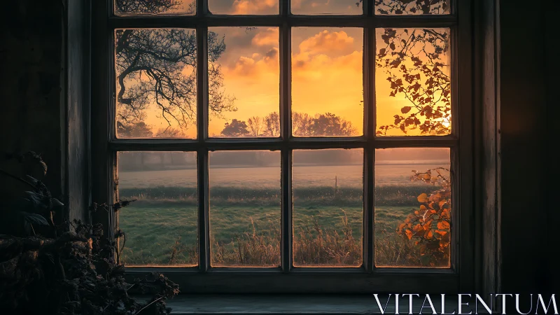 Sunset landscape framed by old rustic window panes.