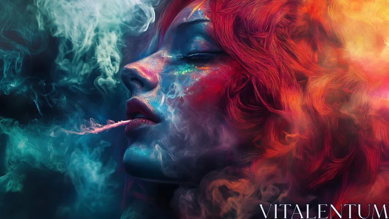 Surreal profile of fiery-haired woman dissolving into smoke.
