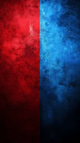 Red blue textured split wall contrasts bold saturated fields.
