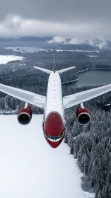 Passenger jet soars above winter forest and frozen lake