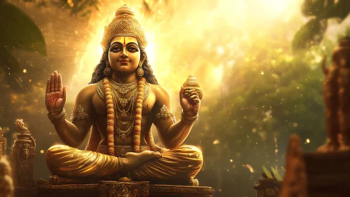 Digital painting of luminous seated deity in golden aura.