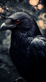Midnight raven portrait with glowing red eye in forest.