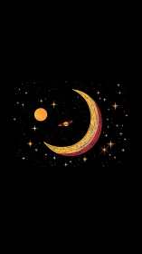 Curved golden crescent and planets in stylized star field.