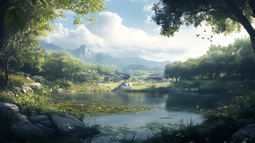 Serene lakeside pavilions under distant mountain range.