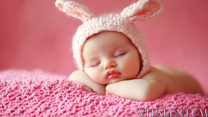 Photorealistic newborn portrait with knitted bunny styling.