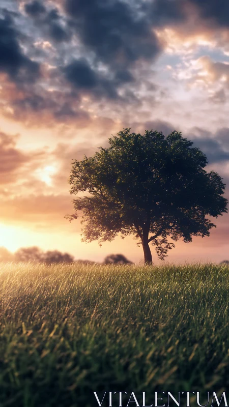Quiet lone tree glowing gently in a sunlit evening field.