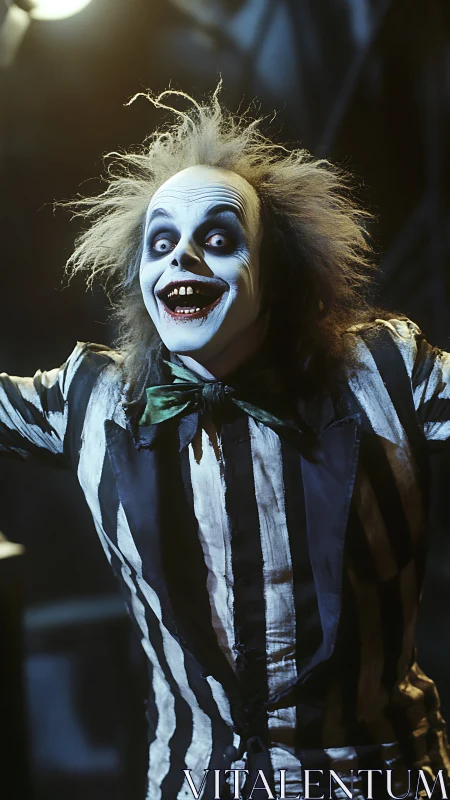 Wild ghostly figure in striped suit with dramatic makeup.