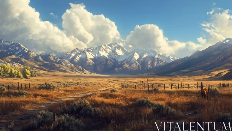 Sunlit mountain valley with fences and distant snow peaks.
