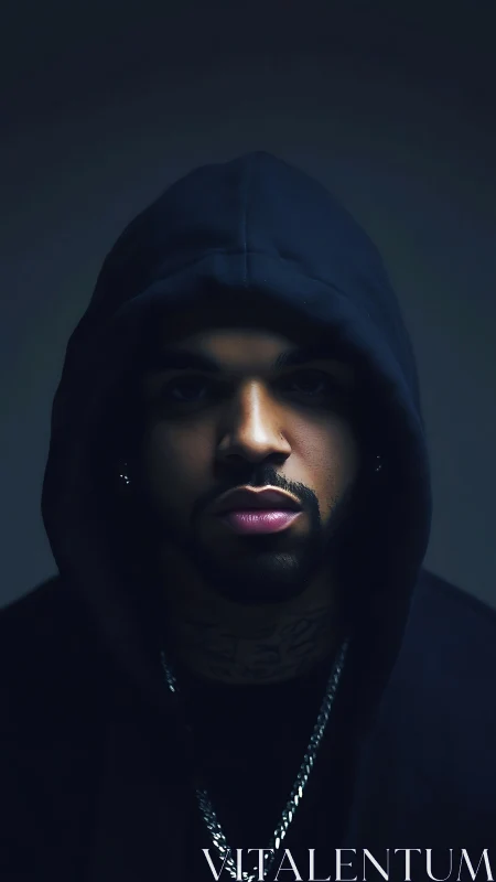 Portrait of hooded man in low key frontal lighting setup.