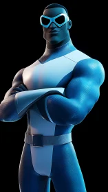 Confident blue-clad superhero posing with cool white shades.