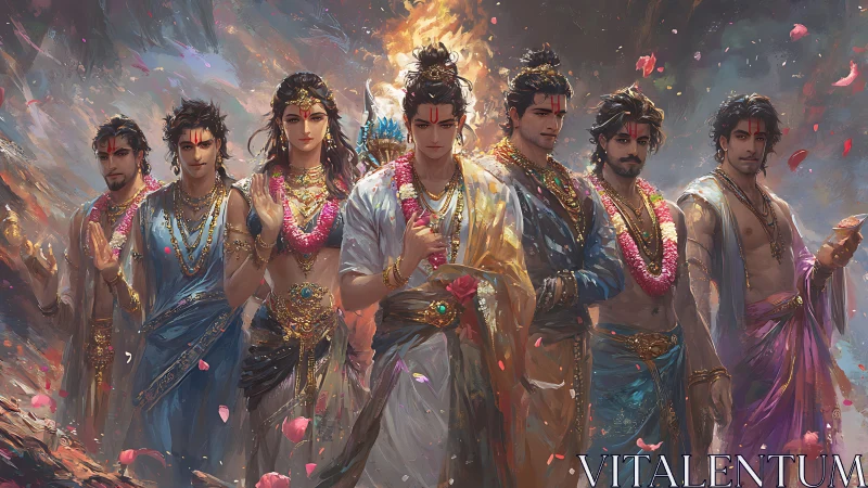 Mythic royal procession in ornate South Asian ceremonial regalia.