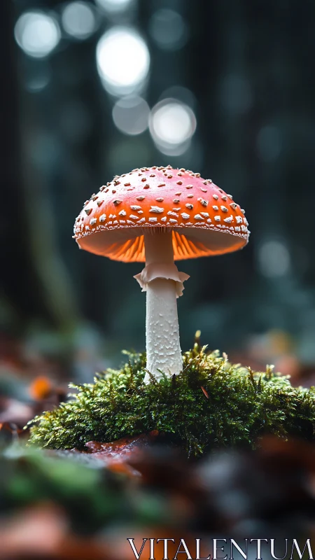 Forest glow rises from a single red mushroom on moss