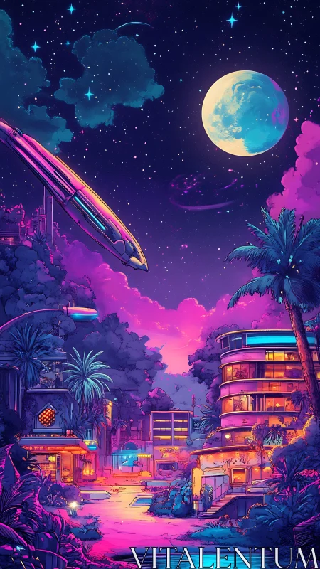 Neon retrofuturist street under cosmic moonlit skyline.